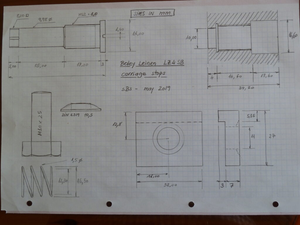 Dimensioned drawing of Boley-Leinen LZ4SB carriage stops (A)