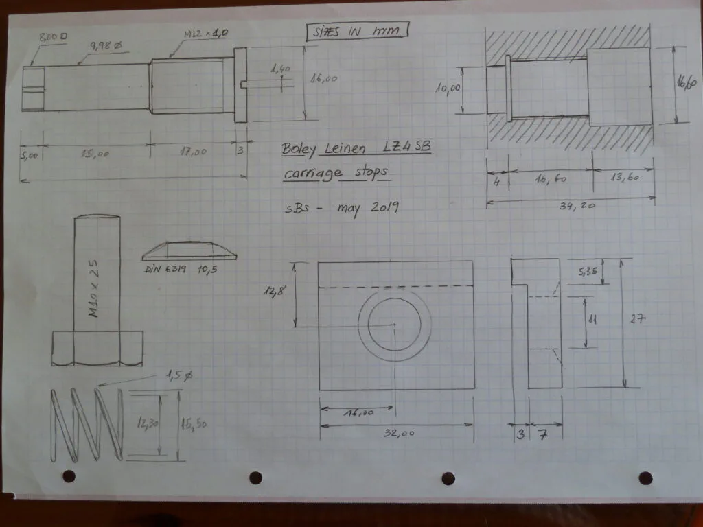Dimensioned drawing of Boley-Leinen LZ4SB carriage stops (A)